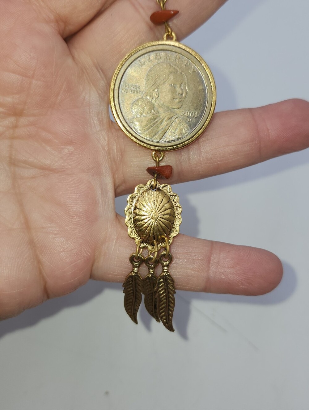 Gold-Tone Coin & Feather Dangle Sacagawea Coin Pendant Necklace Indian